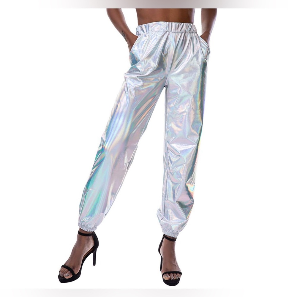 Holographic High Waist Metallic Stretchy Jogger Pants